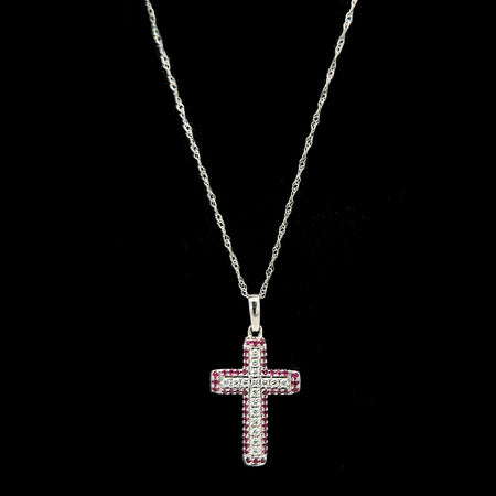 .20ct. T.W. Ruby & Diamond Estate Cross Necklace White Gold - J42643