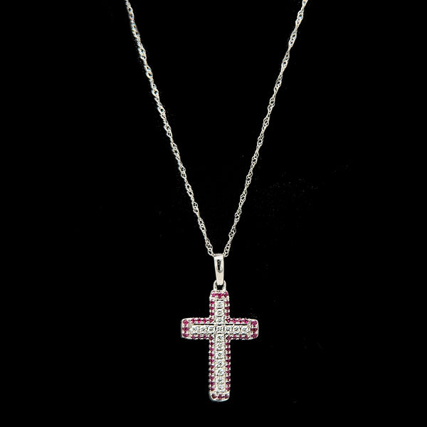 .20ct. T.W. Ruby & Diamond Estate Cross Necklace White Gold - J42643