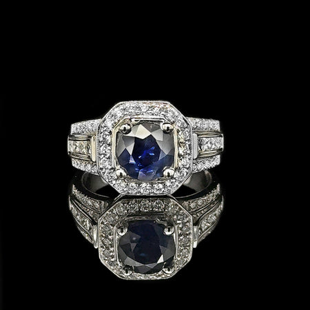 1.70ct. Sapphire & 1.00ct. T.W. Diamond Estate Engagement - Fashion Ring 18K White Gold - J42683