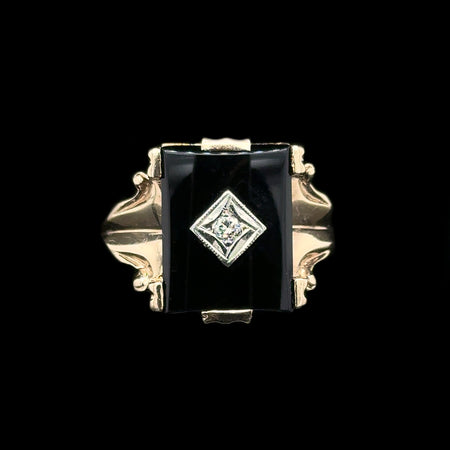 Onyx & Diamond Gents Vintage Fashion Ring Yellow & White Gold - J42691