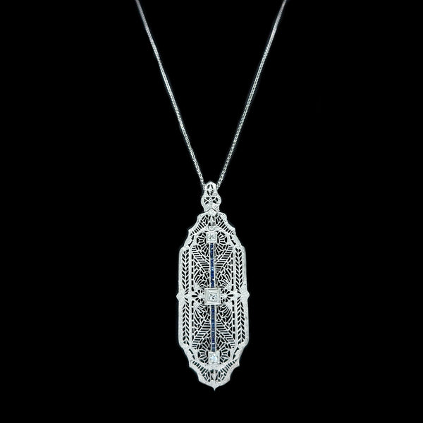 Art Deco .18ct. T.W. Diamond & .25ct. T.W. Sapphire Antique Necklace White Gold - J42714