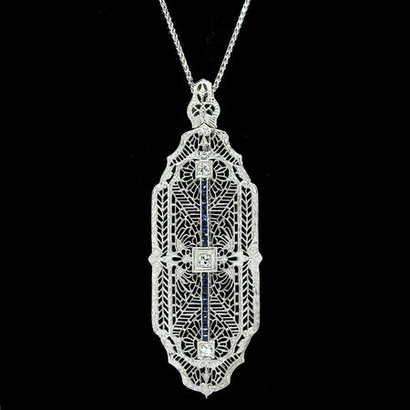 Art Deco .18ct. T.W. Diamond & .25ct. T.W. Sapphire Antique Necklace White Gold - J42714