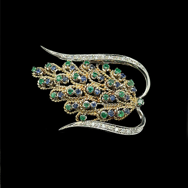 1.50ct. T.W. Sapphire & Emerald & Diamond Estate Brooch White and Yellow Gold - J42721