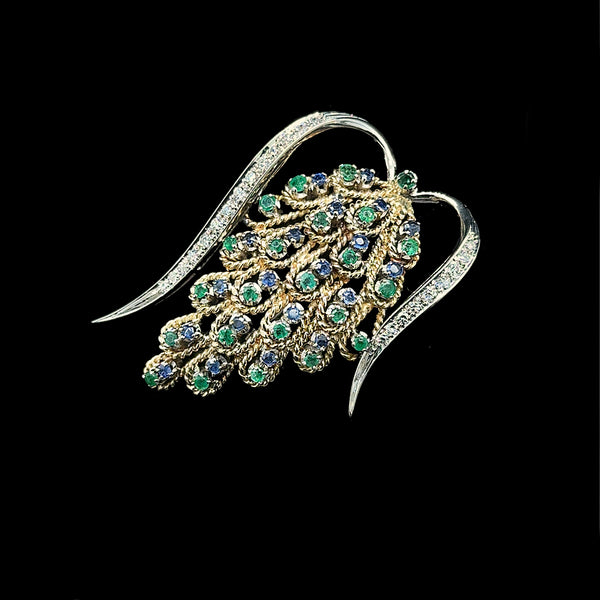 1.50ct. T.W. Sapphire & Emerald & Diamond Estate Brooch White and Yellow Gold - J42721