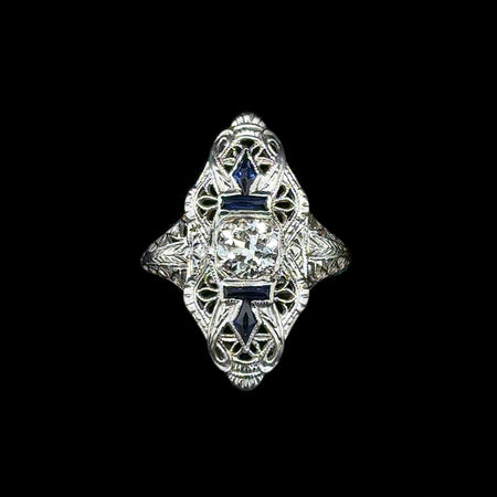 Art Deco .53ct. Diamond & .33ct. T.W. Sapphire Antique Engagement - Fashion Ring 18K White Gold - J42804