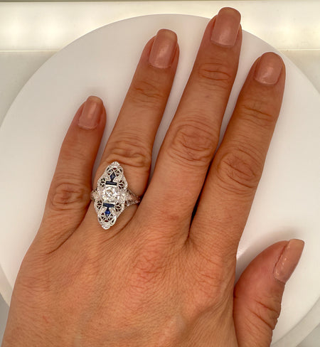 Art Deco .53ct. Diamond & .33ct. T.W. Sapphire Antique Engagement - Fashion Ring 18K White Gold - J42804