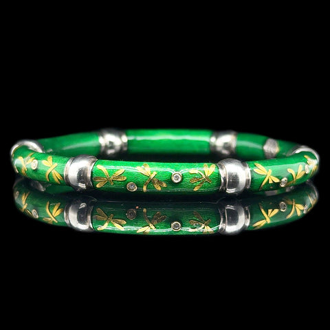 Hidalgo .06ct. T.W. Diamond & Green and Gold Enamel Estate Bangle Bracelet 18K Yellow Gold & Sterling Silver - J42809