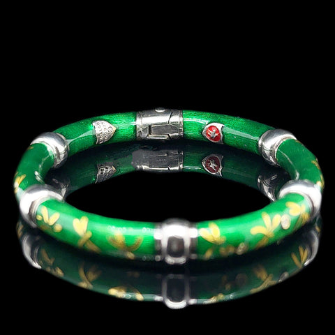 Hidalgo .06ct. T.W. Diamond & Green and Gold Enamel Estate Bangle Bracelet 18K Yellow Gold & Sterling Silver - J42809