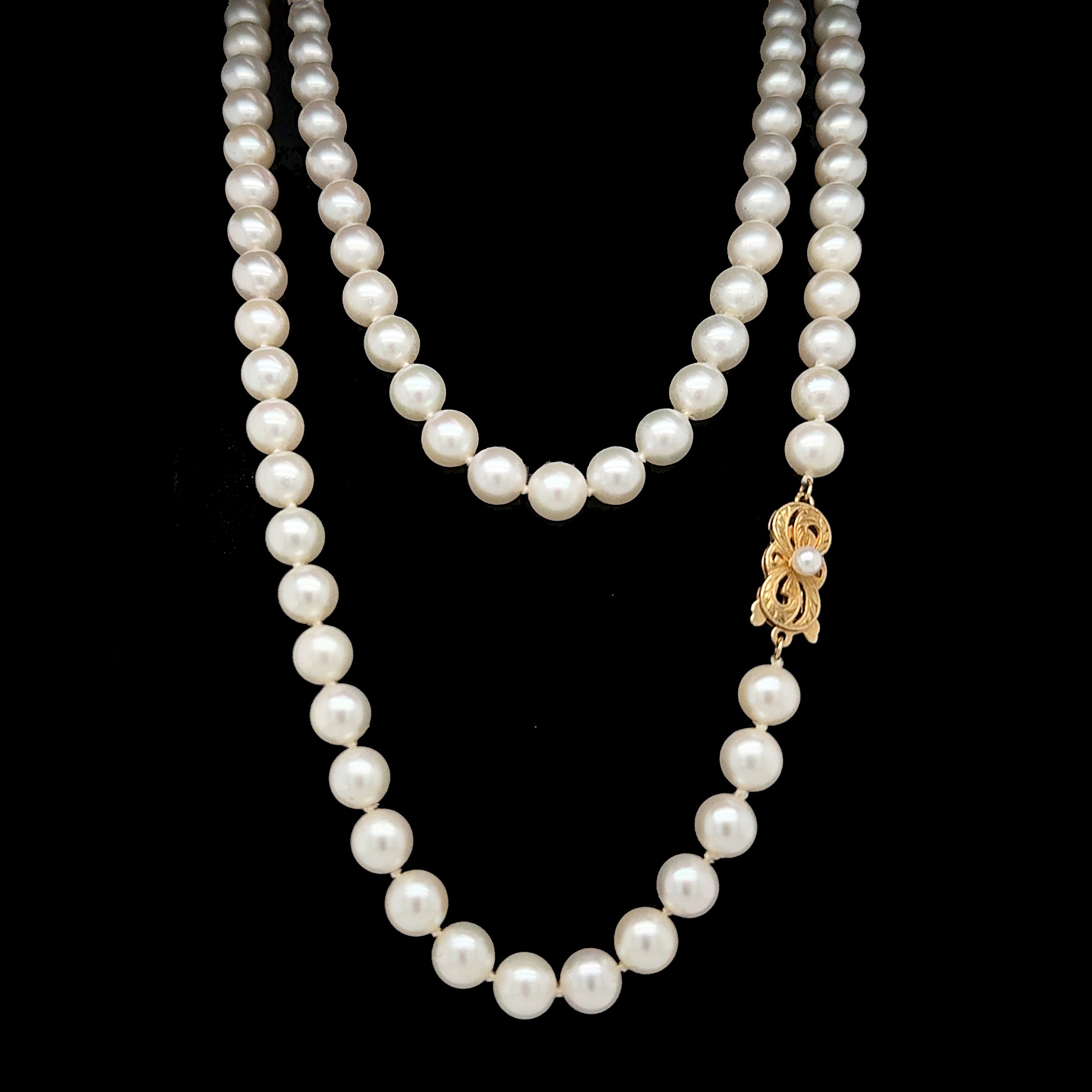 7mm-8mm Mikimoto Akoya Cultured Pearl Estate Necklace 18K Yellow