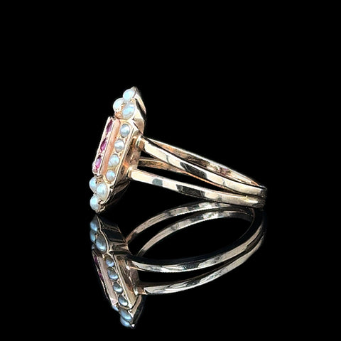 Art Deco .10ct. T.W. Ruby & Seed Pearl Antique Wedding - Fashion Ring Yellow Gold - J42930
