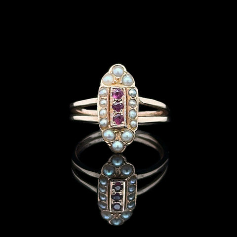 Art Deco .10ct. T.W. Ruby & Seed Pearl Antique Wedding - Fashion Ring Yellow Gold - J42930