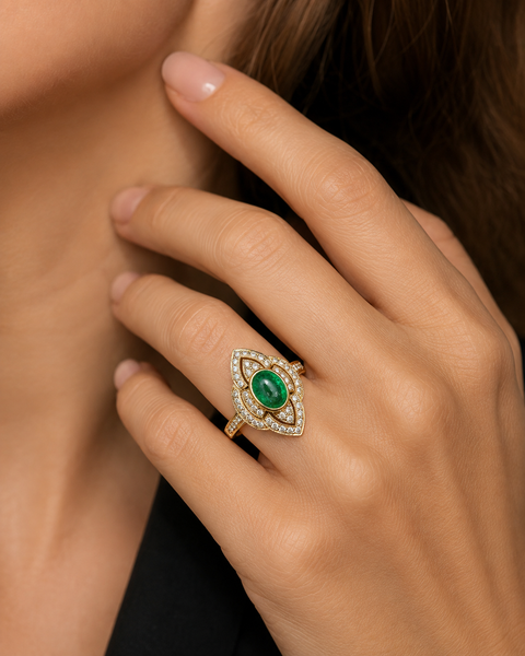 3.00ct. Emerald & Diamond Estate Wedding - Fashion Ring Yellow Gold & Platinum - J42990