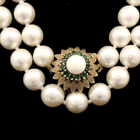 8.0-8.5mm Akoya Cultured Pearl & Emerald Estate Necklace Yellow Gold -J43059