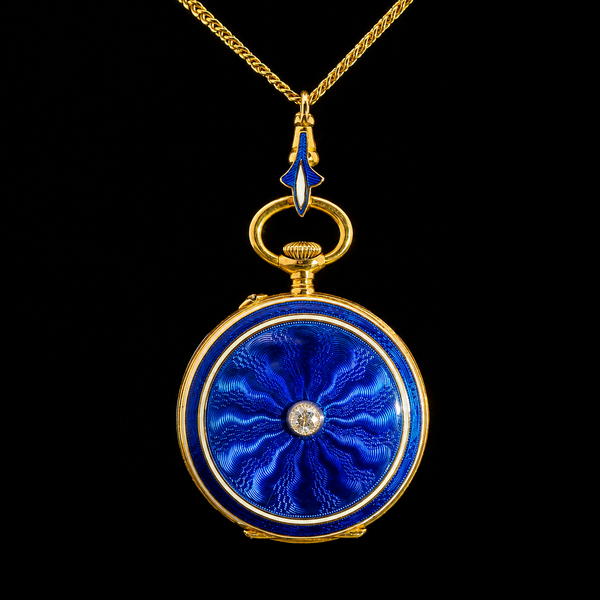 Edwardian .10ct. Diamond & Guilloche Enamel Antique Pendant/Pocket Watch 18K Yellow Gold - J43295