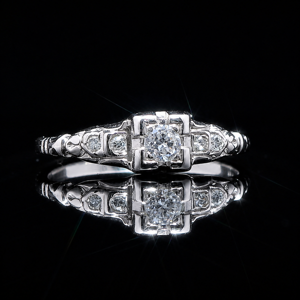 .10ct. Diamond Vintage Engagement - Fashion Ring 18K White Gold - J43190