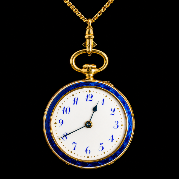 Edwardian .10ct. Diamond & Guilloche Enamel Antique Pendant/Pocket Watch 18K Yellow Gold - J43295
