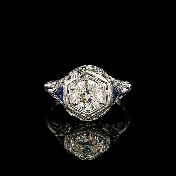 Art Deco .60ct. Diamond & Sapphire Antique Engagement Ring White Gold- J43242