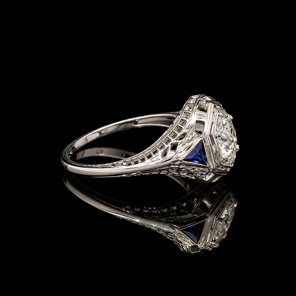 Art Deco .60ct. Diamond & Sapphire Antique Engagement Ring White Gold- J43242