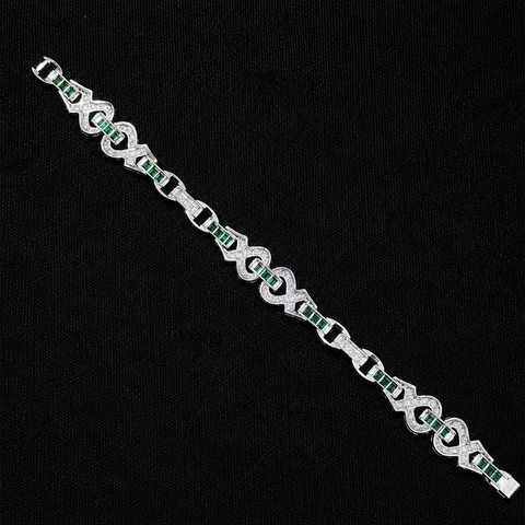 Art Deco 2.50ct. T.W. Diamond & Emerald Simulant Antique Bracelet Platinum - J43294