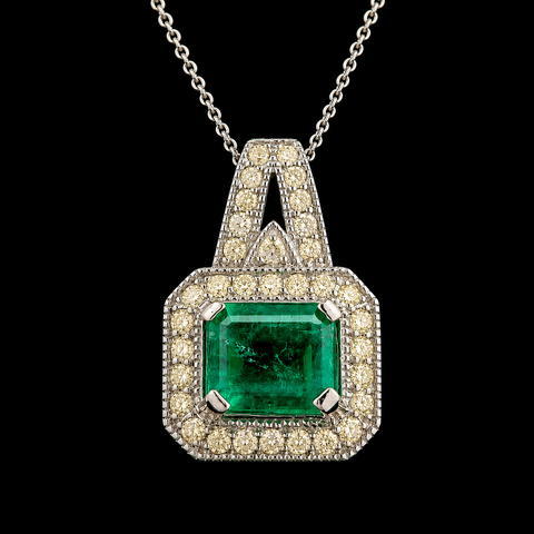 2.85ct. Emerald & .66ct. T.W. Diamond Estate Necklace White Gold - J44032