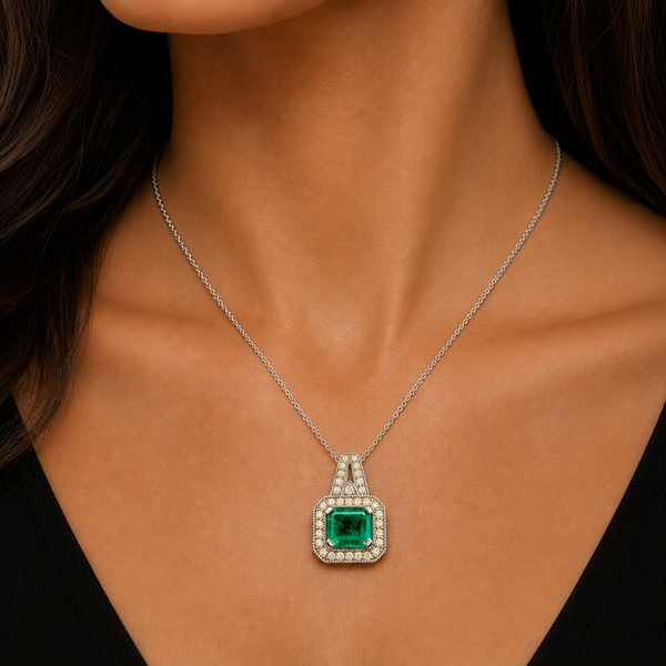 2.85ct. Emerald & .66ct. T.W. Diamond Estate Necklace White Gold - J44032