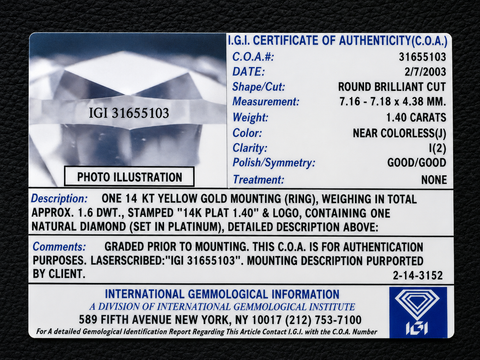 1.40ct. Diamond Estate Engagement - Fashion Ring IGI Cert Yellow Gold & Platinum - J44057