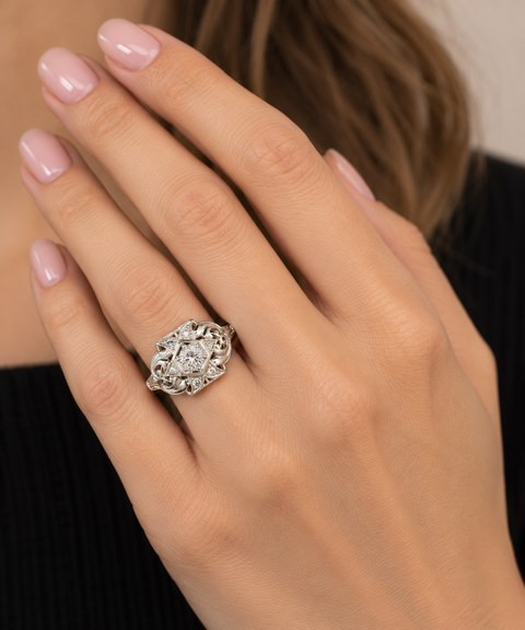 .25ct. Diamond Antique Engagement - Fashion Ring 18K White Gold - J44071