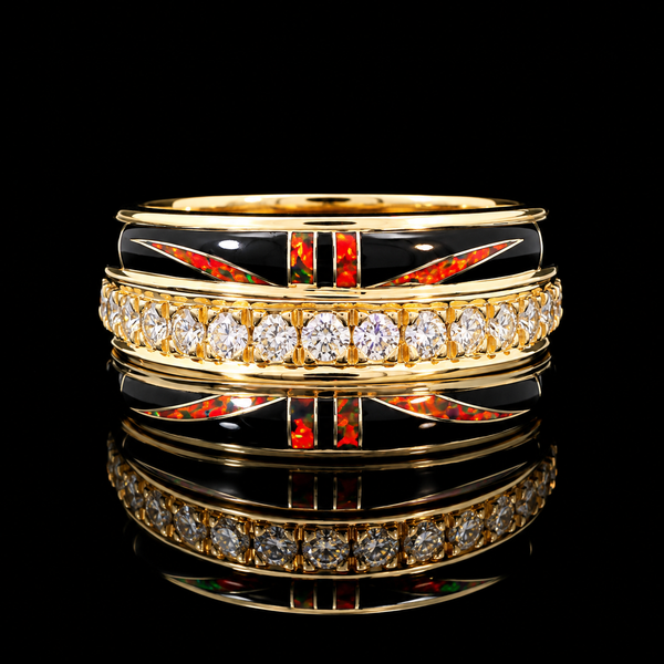 .75ct. T.W. Diamond & Onyx with Opal Inlay Estate Fashion Ring Yellow Gold - J44093
