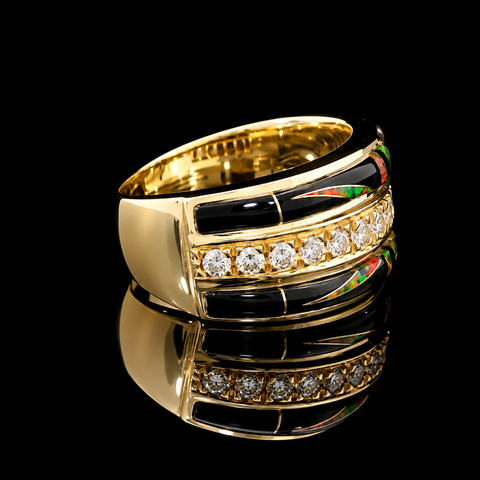 .75ct. T.W. Diamond & Onyx with Opal Inlay Estate Fashion Ring Yellow Gold - J44093