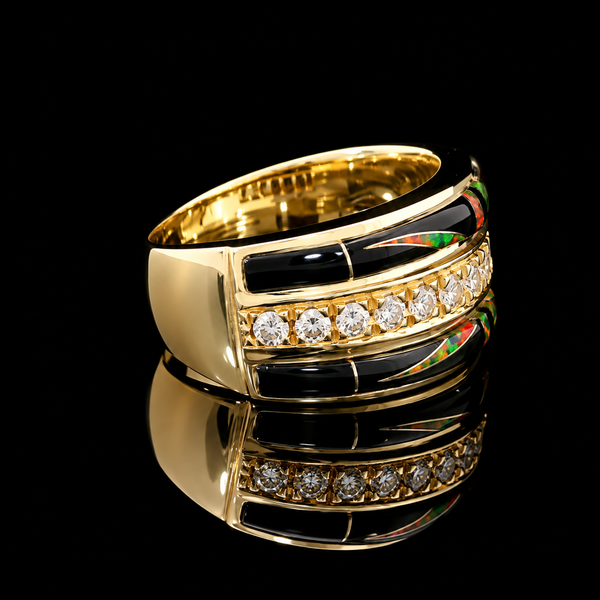 .75ct. T.W. Diamond & Onyx with Opal Inlay Estate Fashion Ring Yellow Gold - J44093