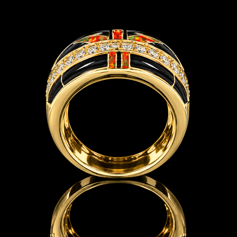 .75ct. T.W. Diamond & Onyx with Opal Inlay Estate Fashion Ring Yellow Gold - J44093