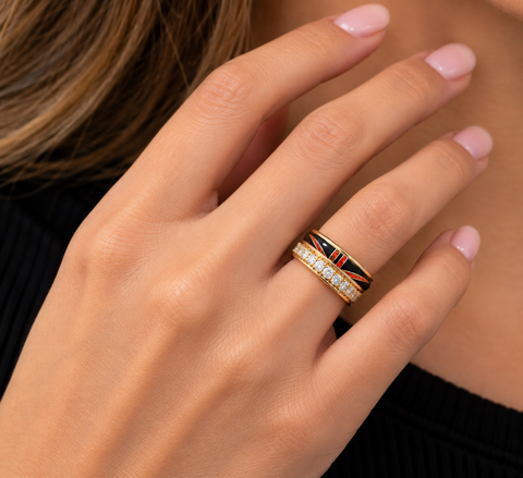 .75ct. T.W. Diamond & Onyx with Opal Inlay Estate Fashion Ring Yellow Gold - J44093
