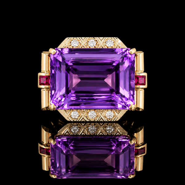 20.00ct. Amethyst, Diamond & Ruby Retro Fashion Ring 18K Yellow Gold - J44103