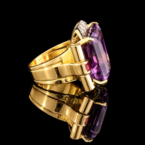 20.00ct. Amethyst, Diamond & Ruby Retro Fashion Ring 18K Yellow Gold - J44103
