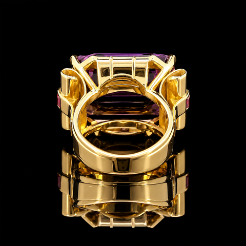 20.00ct. Amethyst, Diamond & Ruby Retro Fashion Ring 18K Yellow Gold - J44103