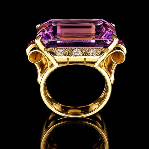 20.00ct. Amethyst, Diamond & Ruby Retro Fashion Ring 18K Yellow Gold - J44103