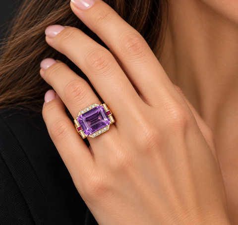 20.00ct. Amethyst, Diamond & Ruby Retro Fashion Ring 18K Yellow Gold - J44103