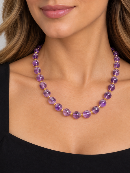 Natural Amethyst Bead Estate Necklace Yellow Gold - J44115