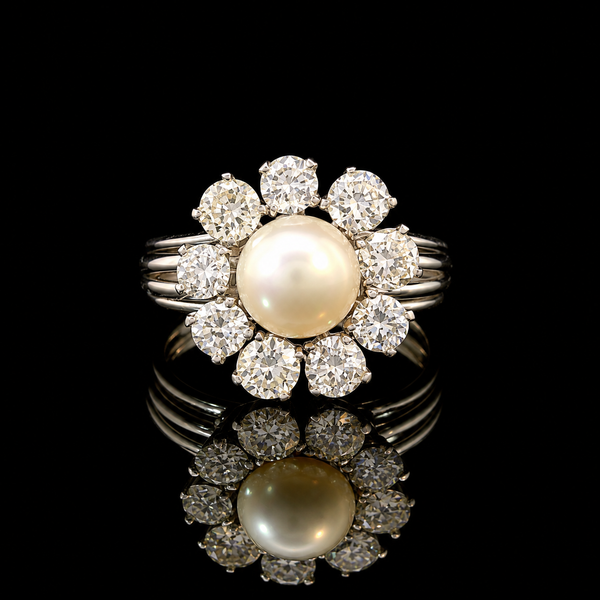 7-7.1mm Akoya Cultured Pearls & 3.20cttw Diamond Vintage Ring & Earring Suite Platinum - J44121