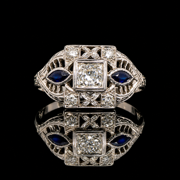 Art Deco .24ct. T.W. Diamond & .10ct. T.W. Sapphire Antique Engagement - Fashion Ring 18K White Gold - J44132