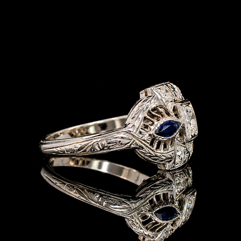 Art Deco .24ct. T.W. Diamond & .10ct. T.W. Sapphire Antique Engagement - Fashion Ring 18K White Gold - J44132
