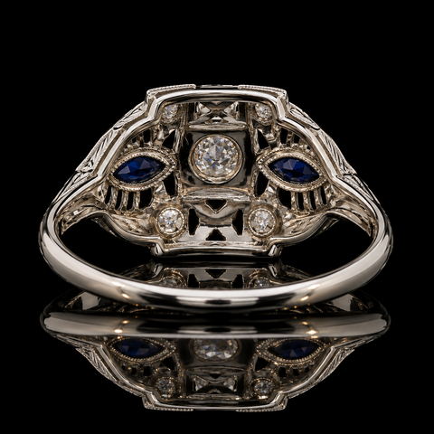 Art Deco .24ct. T.W. Diamond & .10ct. T.W. Sapphire Antique Engagement - Fashion Ring 18K White Gold - J44132