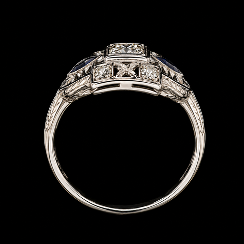 Art Deco .24ct. T.W. Diamond & .10ct. T.W. Sapphire Antique Engagement - Fashion Ring 18K White Gold - J44132