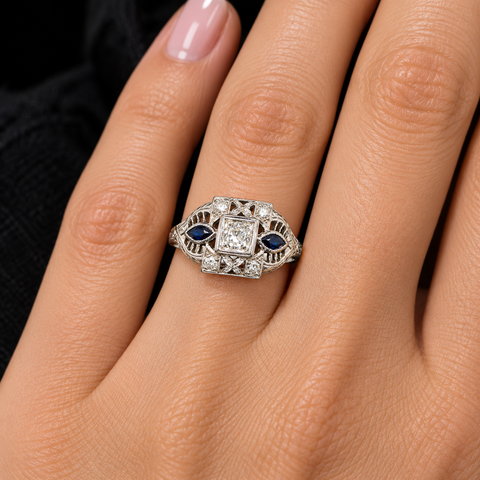 Art Deco .24ct. T.W. Diamond & .10ct. T.W. Sapphire Antique Engagement - Fashion Ring 18K White Gold - J44132