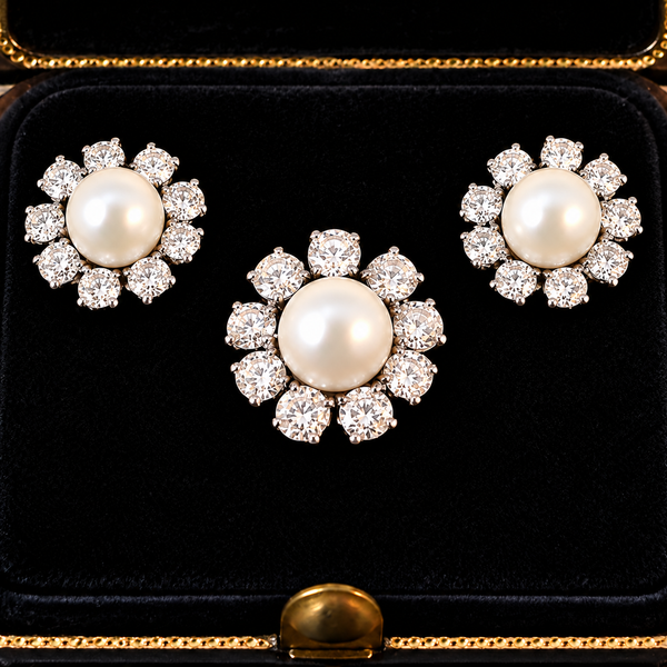 7-7.1mm Akoya Cultured Pearls & 3.20cttw Diamond Vintage Ring & Earring Suite Platinum - J44121