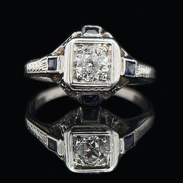 Art Deco .35ct. Diamond & Sapphire Antique Engagement - Fashion Ring 18K White Gold - J39003