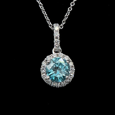 Estate, Necklace, Pendant, Blue Zircon, Diamond, 14K White Gold