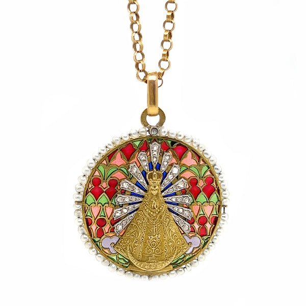 Edwardian, Antique, Vintage, Necklace, Pendant,Our Lady of Lujan, Virgin Mary, Plique-à-jour Enamel, Diamond, Seed Pearl, 18K Yellow Gold