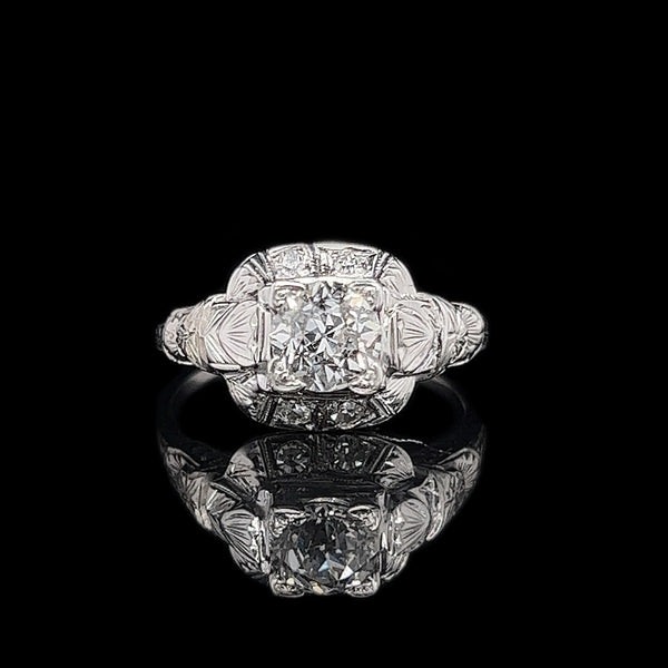 Art Deco, Antique, Vintage, Engagement Ring, Wedding Ring, Diamond, 18K White Gold, European Cut