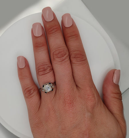 Art Deco, Antique, Vintage, Engagement Ring, Wedding Ring, Sapphire, Diamond, 18K White Gold